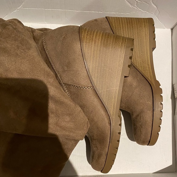 Taupe Faux Suede Slouchy Stacked Wedge Knee High - Picture 9 of 12